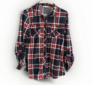 Urban Girl Plaid Button Front Shirt Women’s Medium Red White & Blue Roll Tab